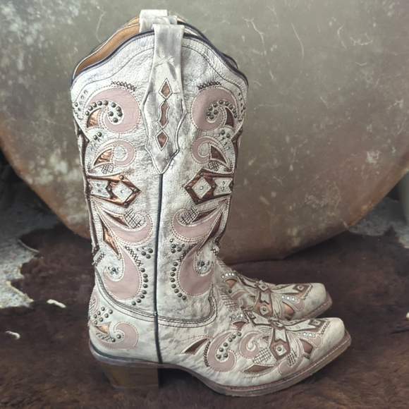 CORRAL AB084 "Sadler" ivory leather bronze cross cowgirl boot snip toe sz 9.5 - Picture 7 of 16